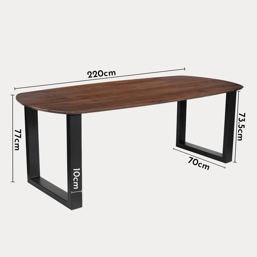 Table &agrave; manger ovale en bois de manguier clair pieds en m&eacute;tal noir 220 cm